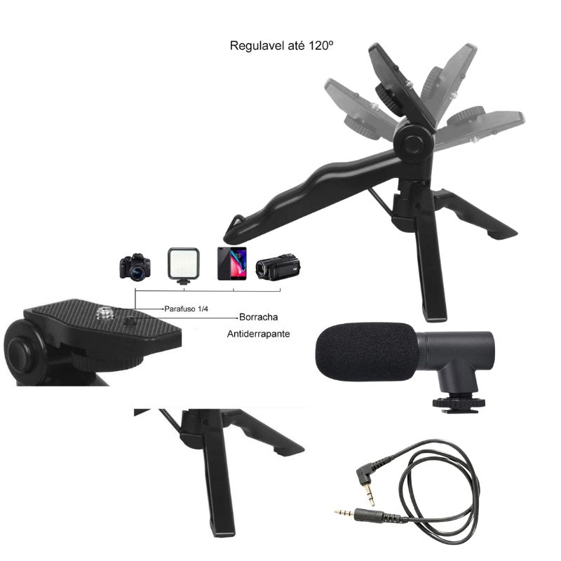 Kit Gravação 4 Em 1 Com Controle Remoto Suporte Celular LED E Microfone