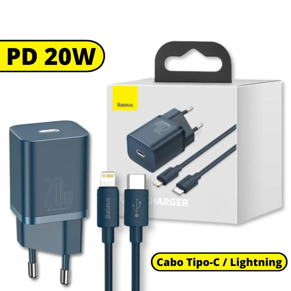 Kit Carregador Turbo PD 20W Super Si + Cabo Tipo-C para Lightning - Azul - Baseus