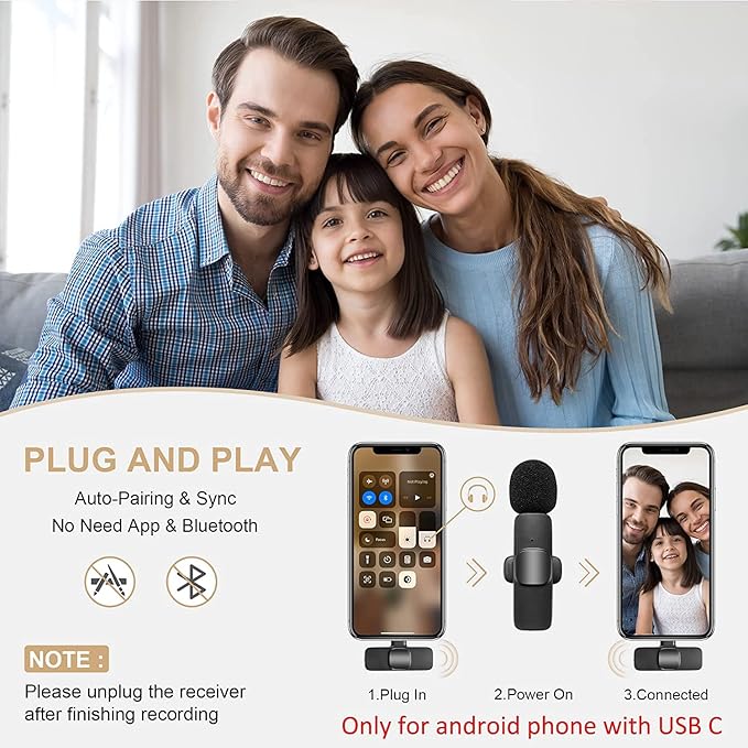 2 peças Microfone de lapela sem fio para telefone (Type C), microfone duplo sem fio para gravação de vídeo - redução de ruído e plug-play. (Sem necessidade de APP/Bluetooth)