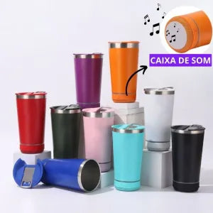 COPO TÉRMICO INOX 420ML COM CAIXA DE SOM BLUETOOTH LED RGB
