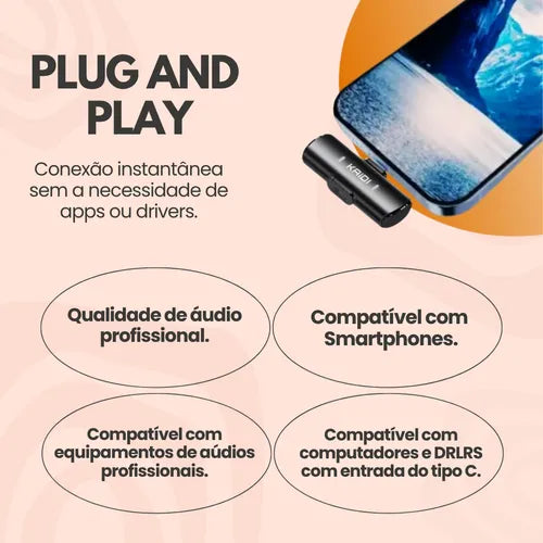 Microfone Sem Fio Lapela Duplo Anti Ruído P/iPhone 08 ao 14 Cor Preto lightining Vianova
