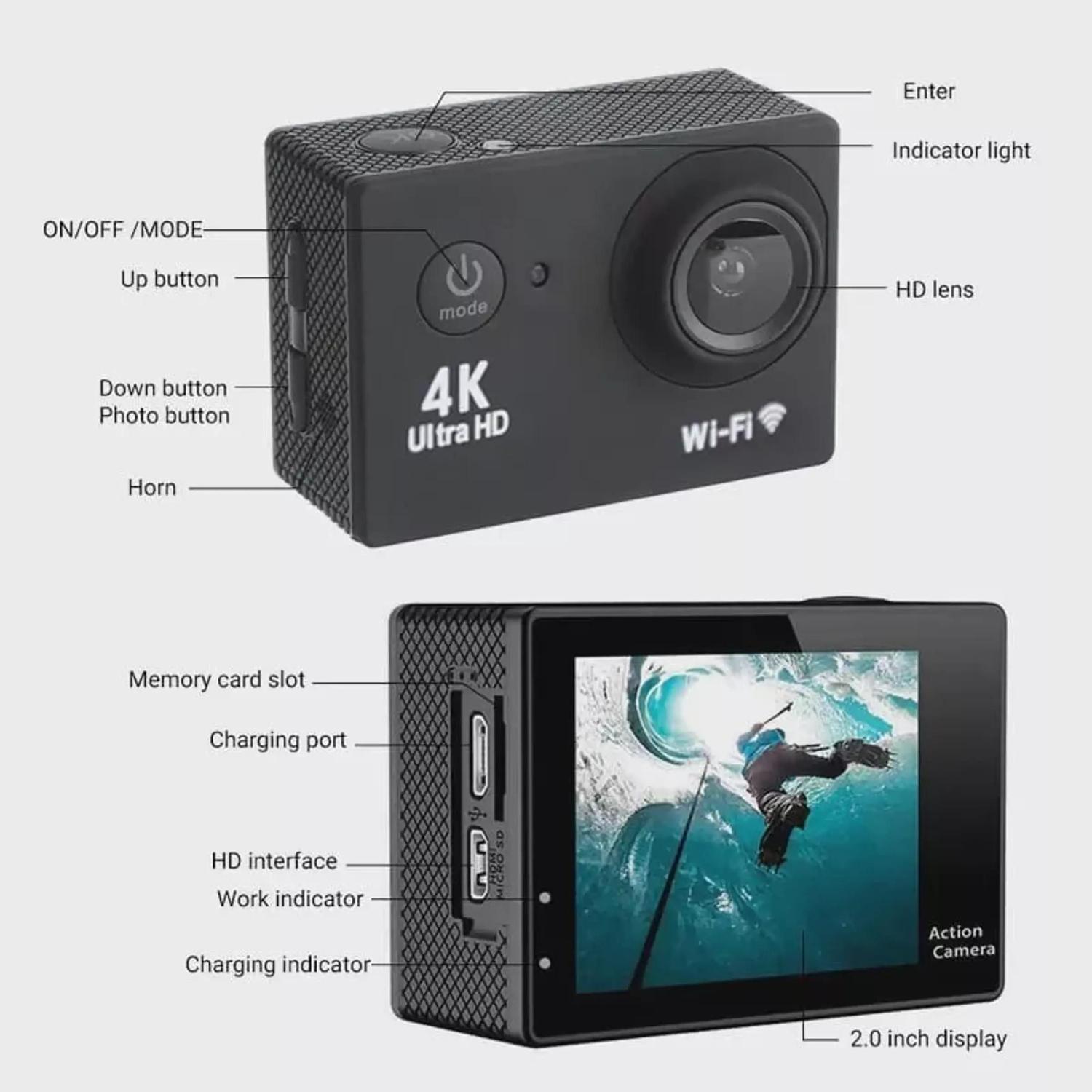 Câmera de Esportes e Ação 4k Full Hd a Prova D’Água Wifi Tipo Go Pro