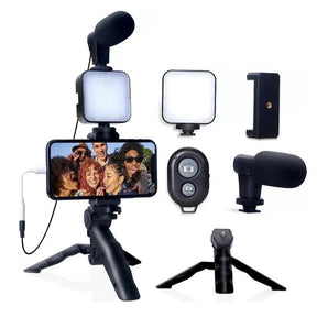 Kit Gravação 4 Em 1 Com Controle Remoto Suporte Celular LED E Microfone