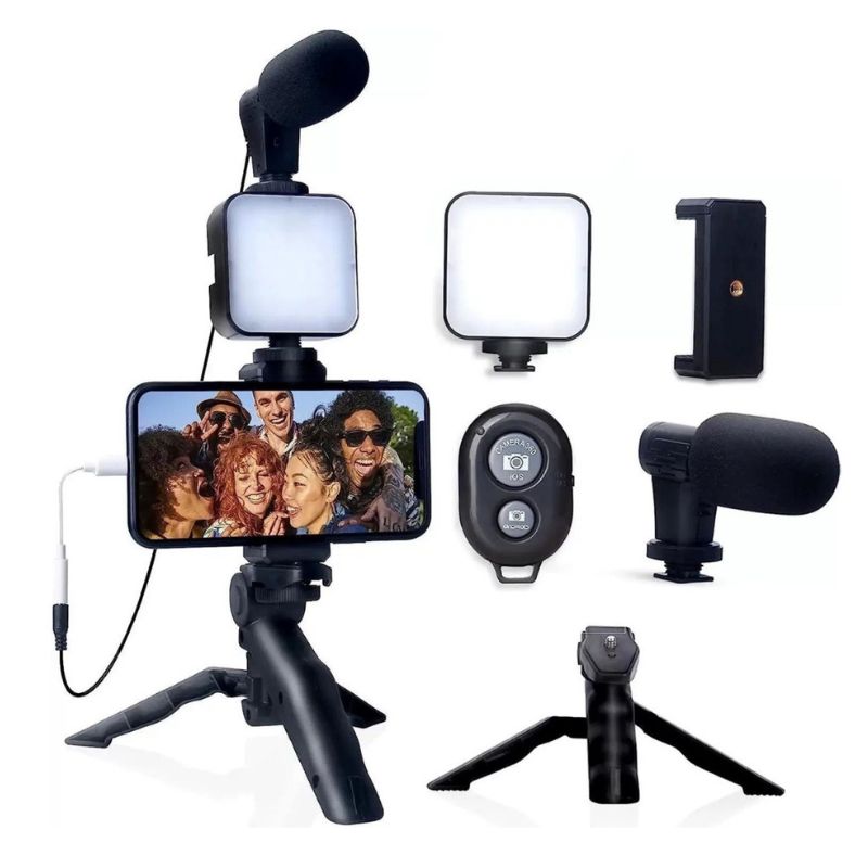 Kit Gravação 4 Em 1 Com Controle Remoto Suporte Celular LED E Microfone