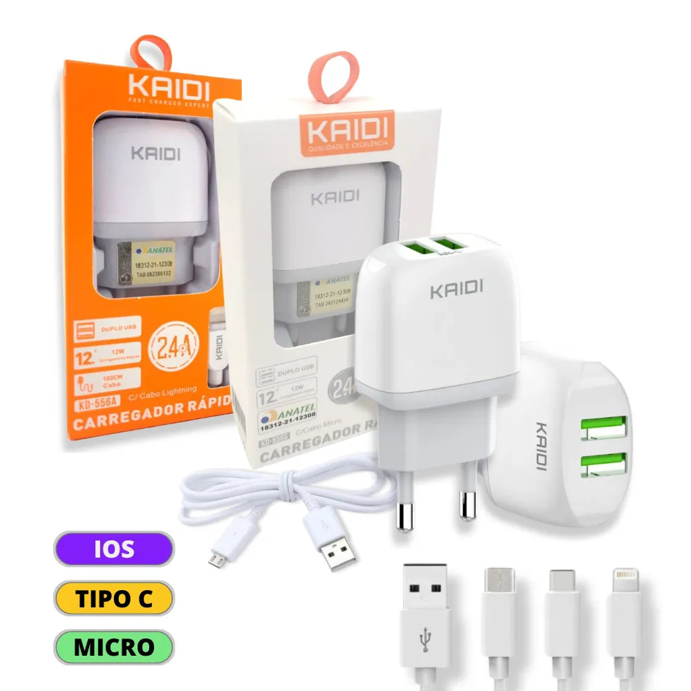 KIT CARREGADOR DE CELULAR 2.4A 12W + CABO - KAIDI - KD-556