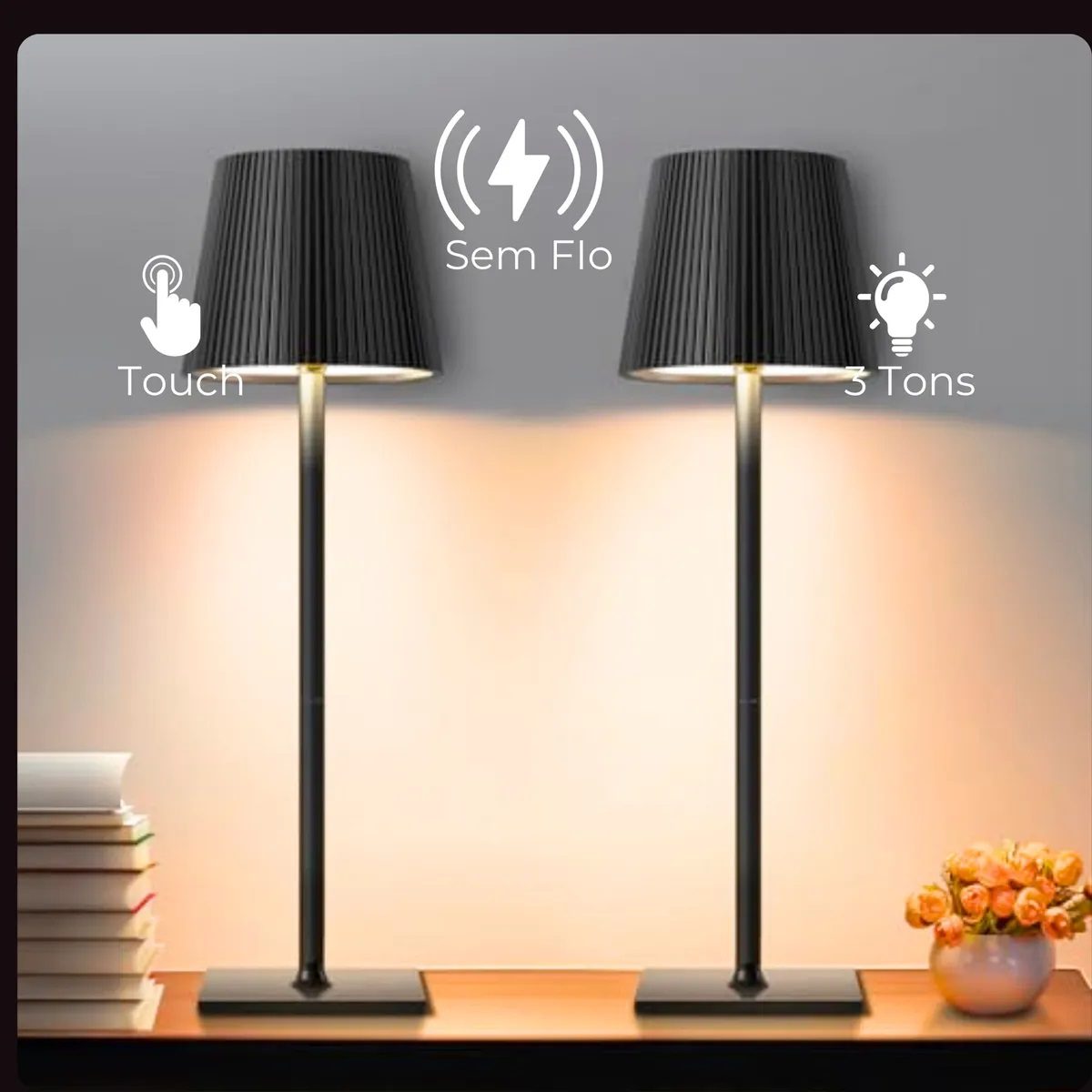 Luminária Abajur Mesa LED Touch Luxo Sem Fio Recarregável Preto