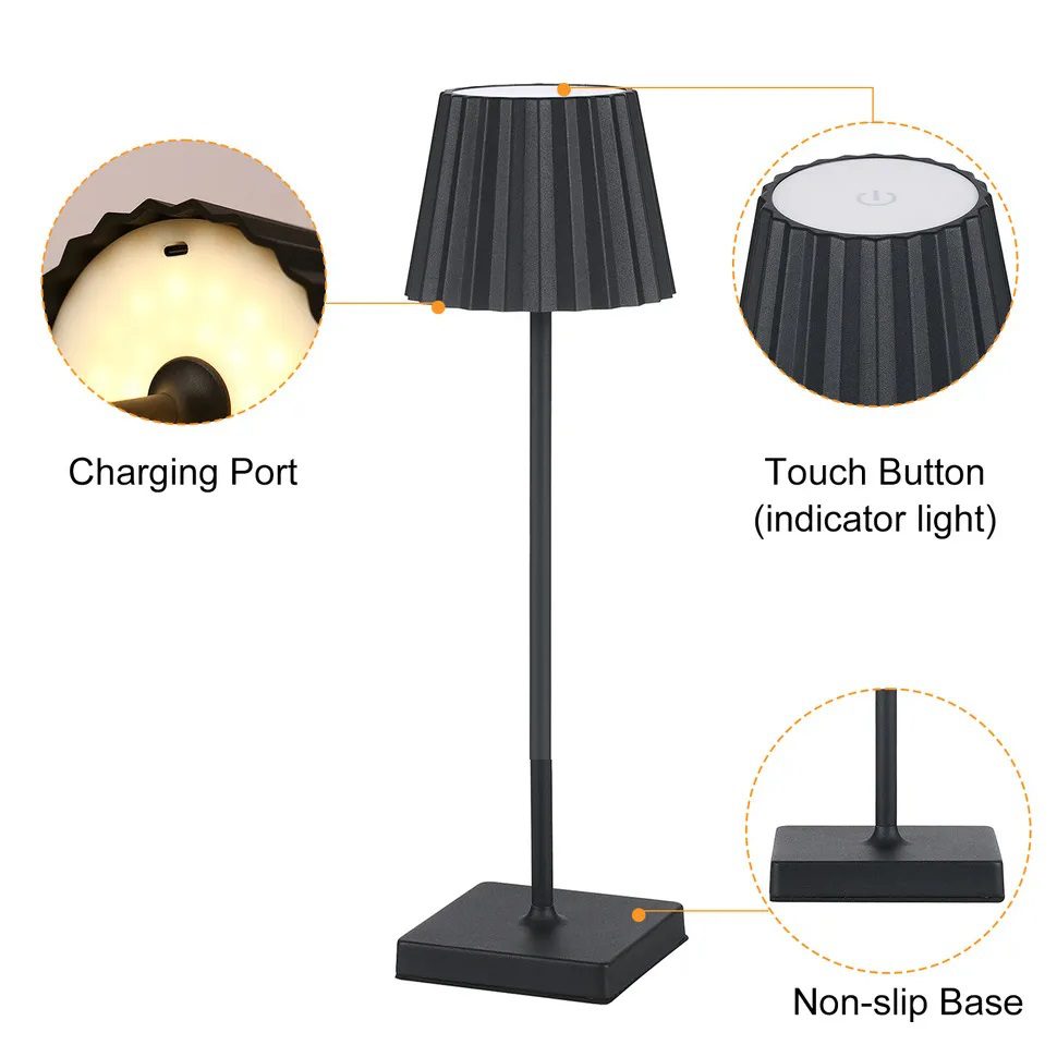 Luminária Abajur Mesa LED Touch Luxo Sem Fio Recarregável Preto