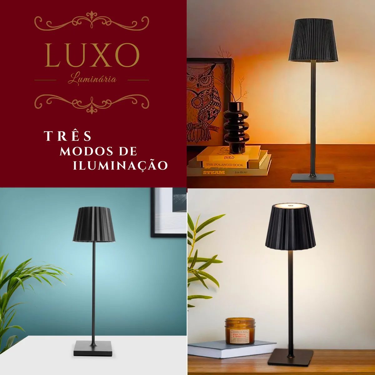 Luminária Abajur Mesa LED Touch Luxo Sem Fio Recarregável Preto